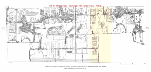 Ramses III thurifying an offering to Amon-Re of Karnak in the presence of Mut-Bastet, Khonsu, and Amonet