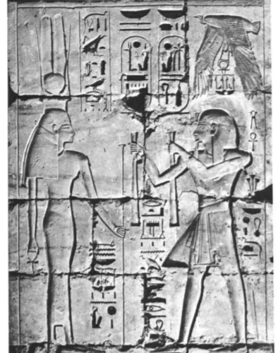 Ramses III offering clothing to Mut-Bastet