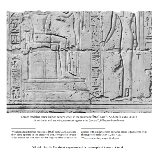 Khnum modeling young king on potter's wheel in the presence of Mut-Bast