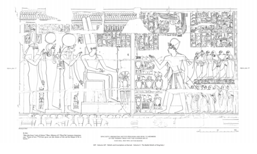 King Sety I presenting Hittite prisoners and spoil to members of the Theban Triad and the goddess Ma'at